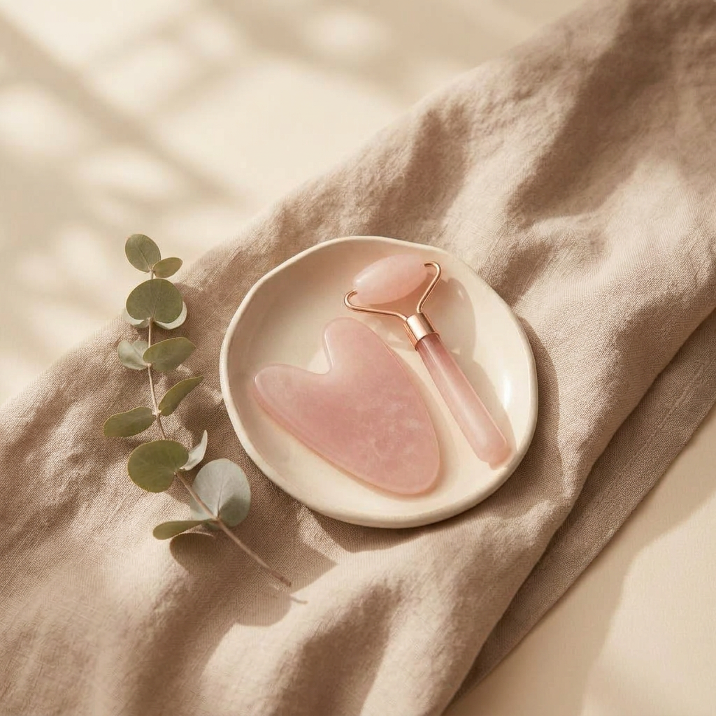 Rose quartz gua sha set on a folded linen cloth
