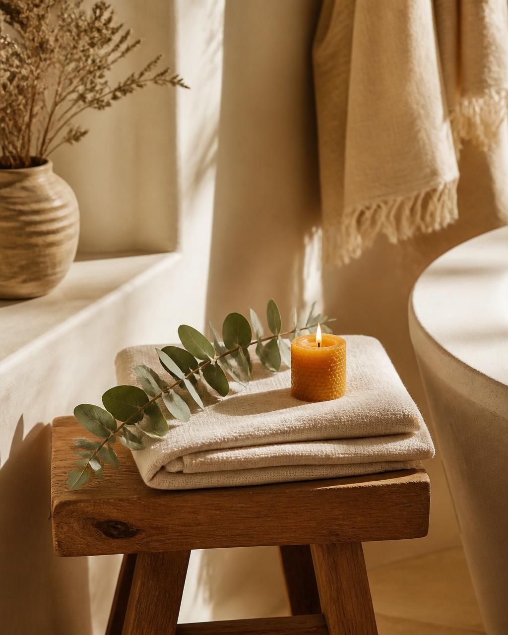 A folded linen towel, eucalyptus and a warm candle on a wooden stool
